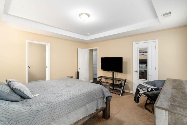 carpeted bedroom with a raised ceiling