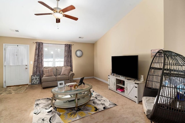 carpeted living room featuring ceiling fan