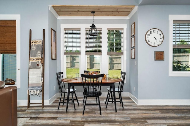 dining space featuring wooden ceiling and dark wood-type flooring