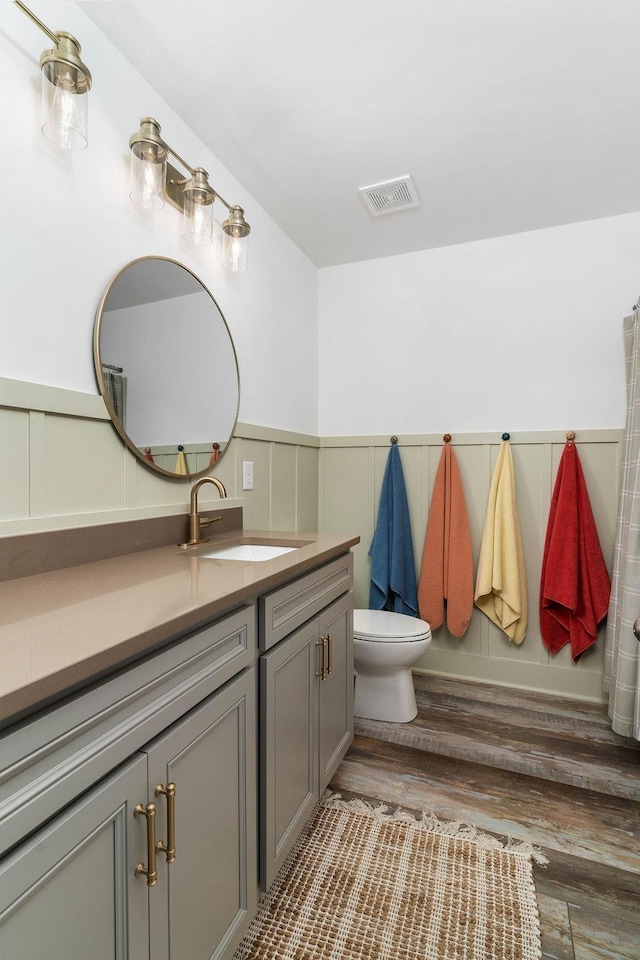 bathroom featuring toilet, wood-type flooring, and vanity