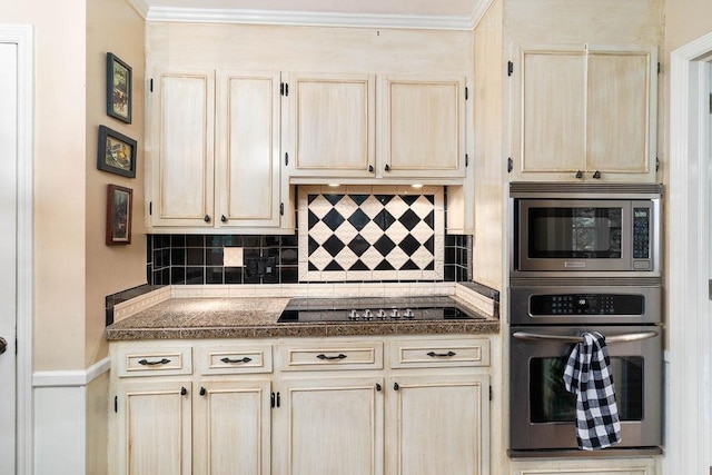 kitchen featuring crown molding, backsplash, light brown cabinets, and stainless steel appliances