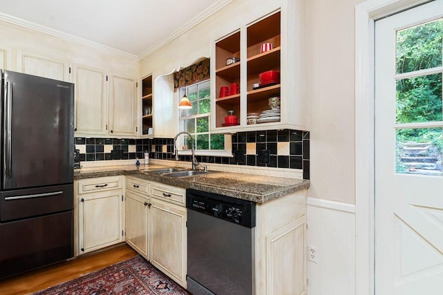 kitchen featuring dark hardwood / wood-style flooring, sink, backsplash, fridge, and stainless steel dishwasher