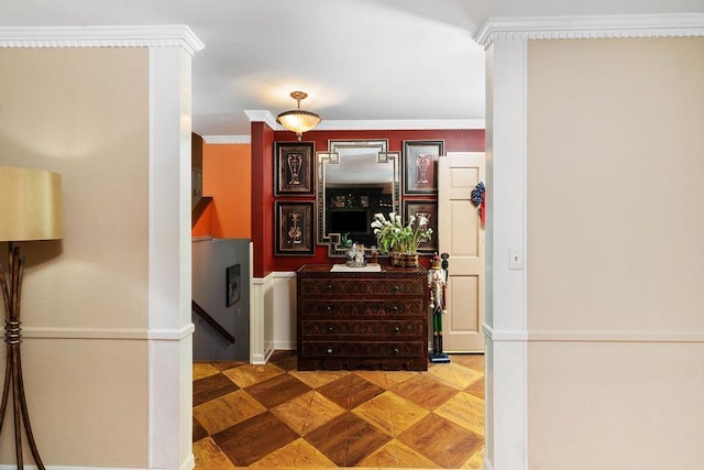 hallway with crown molding and parquet floors