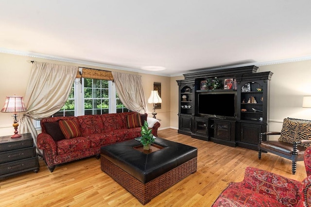 living room featuring ornamental molding and light hardwood / wood-style flooring