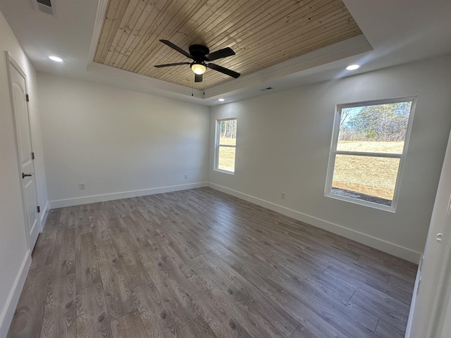 unfurnished room with ceiling fan, wood-type flooring, a raised ceiling, and wood ceiling