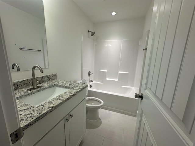 full bathroom with toilet, vanity, and shower / washtub combination