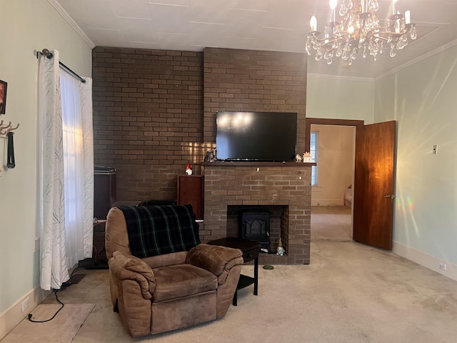 living room with light colored carpet, ornamental molding, and a notable chandelier