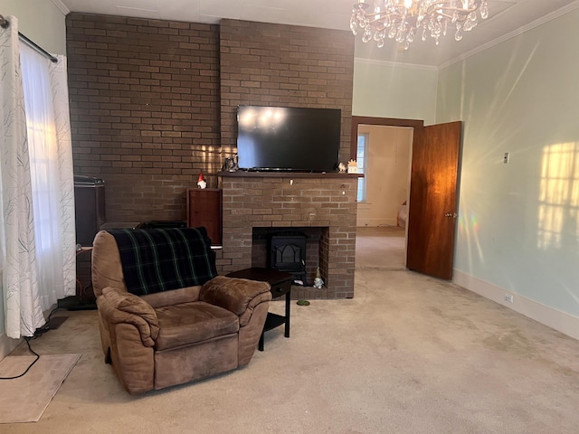 carpeted living room featuring an inviting chandelier and crown molding