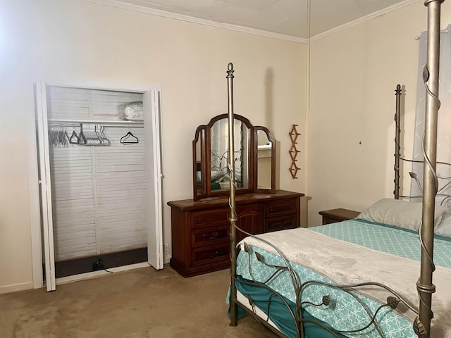 carpeted bedroom with a closet and ornamental molding