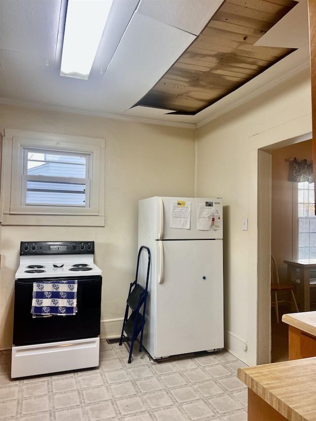 kitchen featuring white appliances, crown molding, and wood ceiling