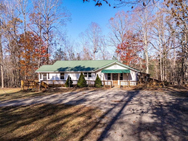 single story home with a porch