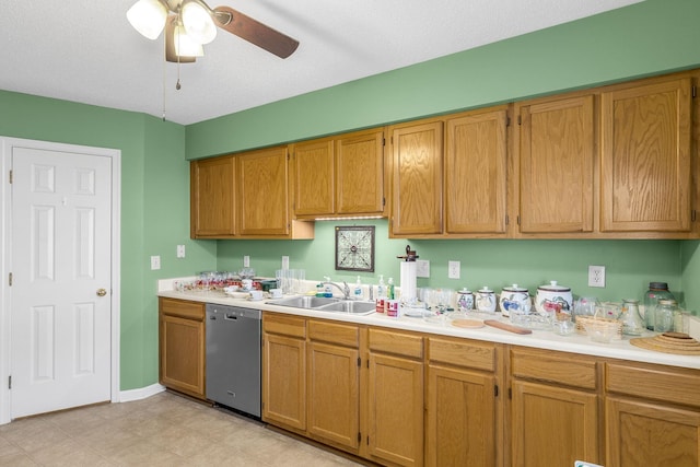 kitchen with ceiling fan, sink, a textured ceiling, and stainless steel dishwasher