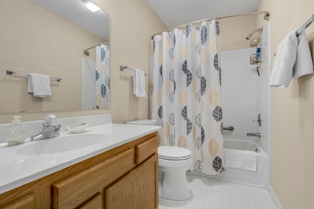 full bathroom with toilet, vanity, shower / bath combination with curtain, and a textured ceiling