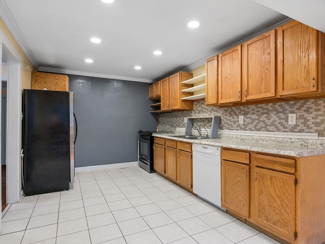 kitchen featuring black range with electric cooktop, backsplash, ornamental molding, stainless steel refrigerator, and white dishwasher