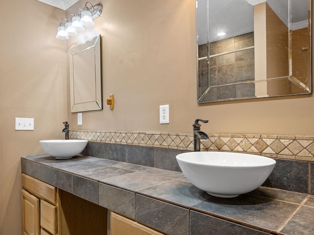 bathroom featuring tile walls and vanity