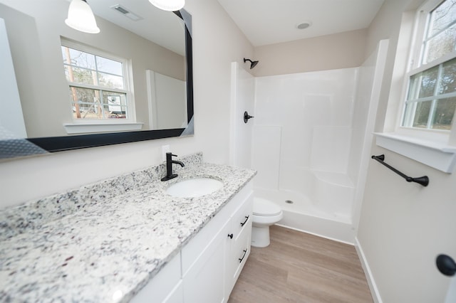 bathroom with toilet, vanity, wood-type flooring, and a shower