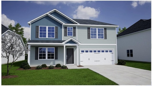 view of front of home with a garage and a front lawn