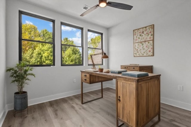 office space with ceiling fan and hardwood / wood-style flooring