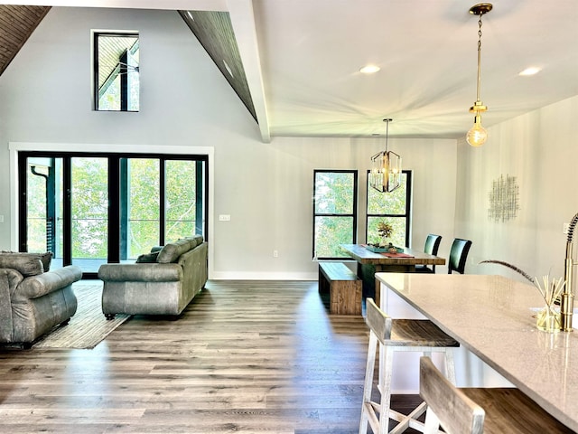 living room with hardwood / wood-style flooring and a chandelier