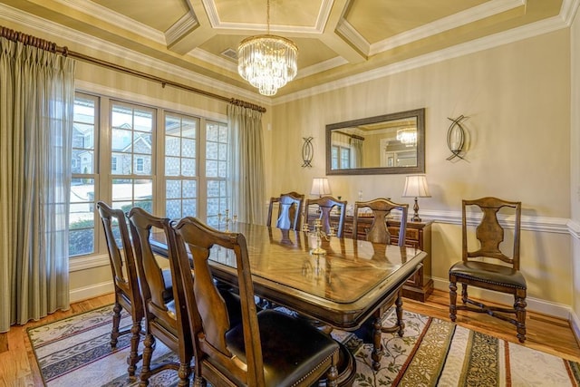 dining space featuring a notable chandelier, coffered ceiling, ornamental molding, and wood-type flooring