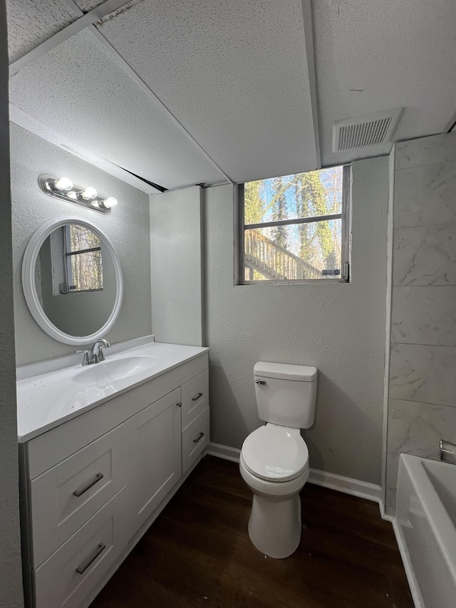 bathroom featuring vanity, toilet, and hardwood / wood-style floors