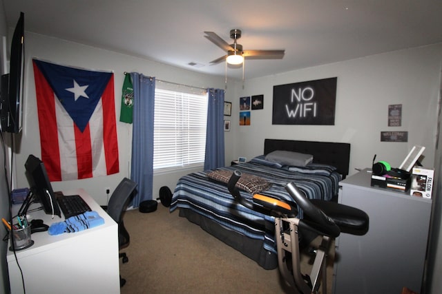 bedroom featuring carpet flooring and ceiling fan