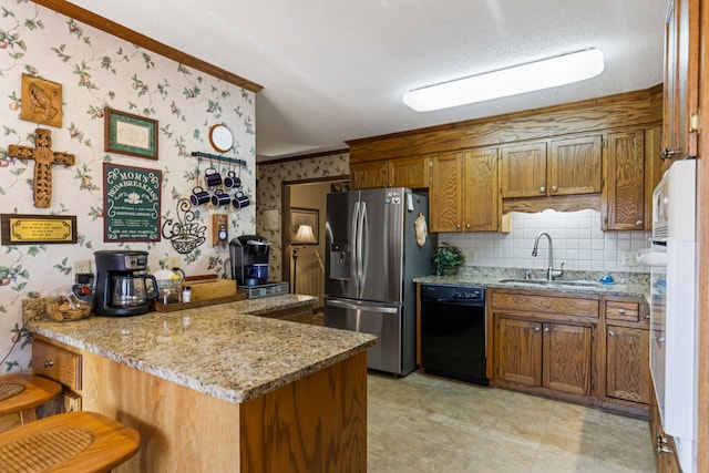 kitchen with stainless steel refrigerator with ice dispenser, black dishwasher, sink, and kitchen peninsula