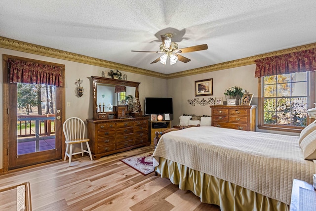 bedroom with ornamental molding, access to exterior, ceiling fan, a textured ceiling, and light wood-type flooring