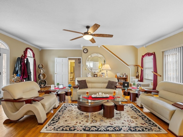 living room with ceiling fan, light hardwood / wood-style flooring, and crown molding