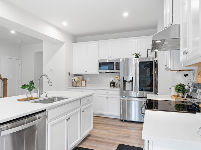 kitchen with sink, backsplash, white cabinetry, range hood, and stainless steel appliances