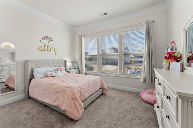 carpeted bedroom featuring crown molding