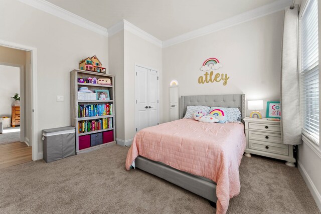 carpeted bedroom featuring a closet and crown molding