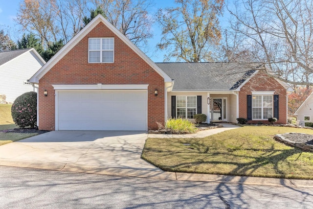 front facade featuring a garage and a front lawn