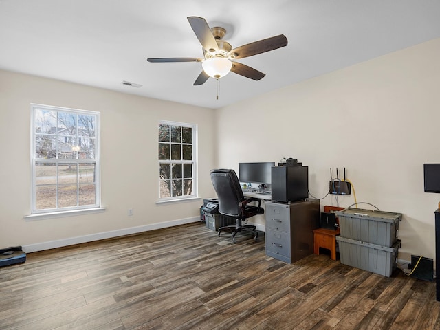 office area with dark hardwood / wood-style floors and ceiling fan