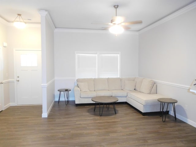 living room featuring dark hardwood / wood-style floors, ceiling fan, and ornamental molding