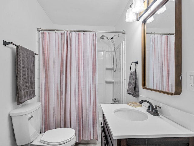 full bathroom with vanity, toilet, shower / tub combo, and vaulted ceiling