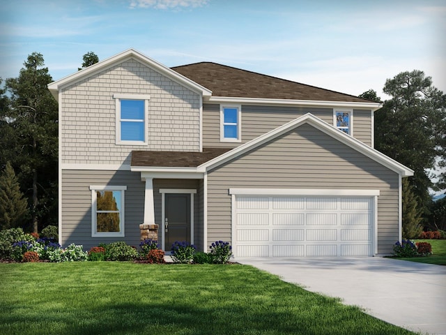 view of front of property featuring a front yard and a garage