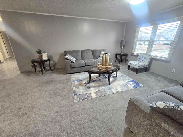 living room with carpet, crown molding, and a textured ceiling