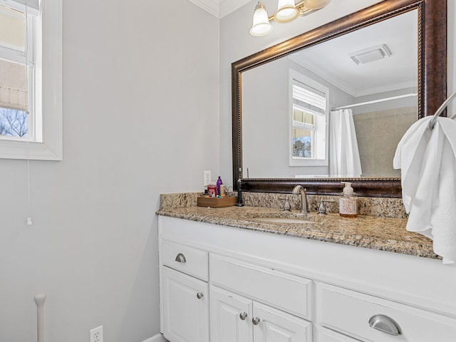 bathroom with vanity, crown molding, and a healthy amount of sunlight