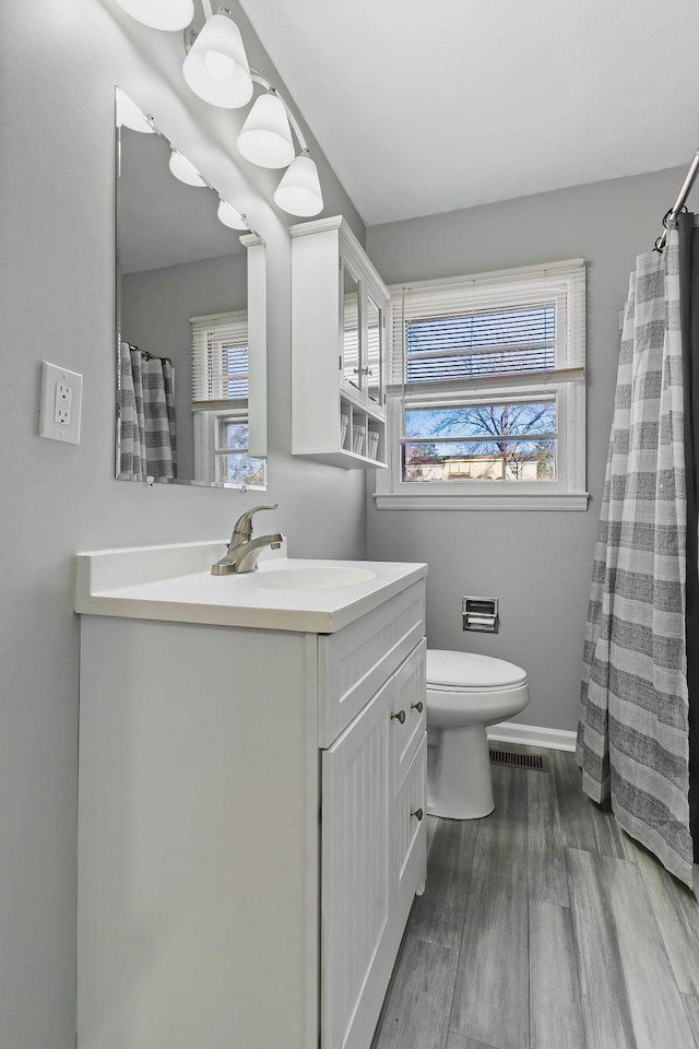 bathroom featuring vanity, hardwood / wood-style flooring, and toilet