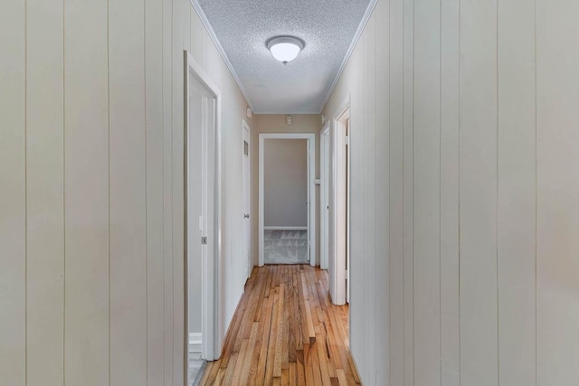 corridor featuring crown molding, wooden walls, light hardwood / wood-style floors, and a textured ceiling