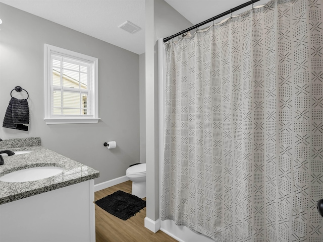 bathroom with hardwood / wood-style flooring, vanity, and toilet