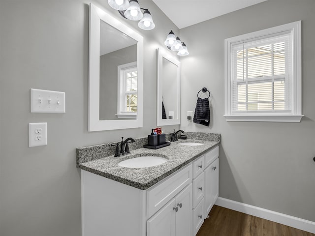 bathroom with vanity, wood-type flooring, and a healthy amount of sunlight