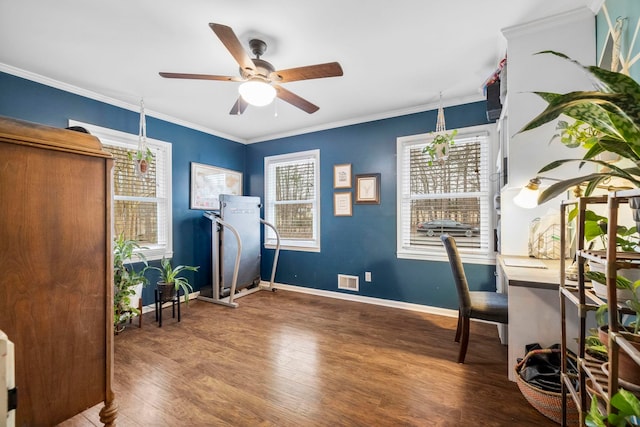 home office featuring ornamental molding, dark hardwood / wood-style floors, and ceiling fan