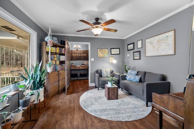 living room featuring crown molding, ceiling fan, and dark wood-type flooring