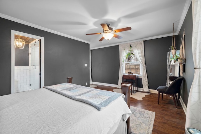 bedroom featuring dark hardwood / wood-style flooring, connected bathroom, ornamental molding, and ceiling fan