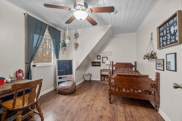 bedroom featuring crown molding, hardwood / wood-style floors, ceiling fan, and wood ceiling