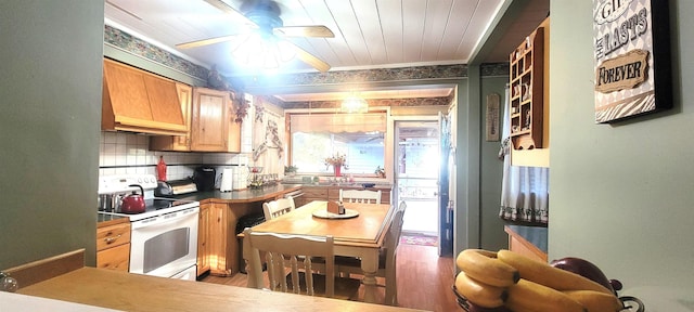 kitchen featuring crown molding, ceiling fan, white range with electric stovetop, tasteful backsplash, and wooden ceiling