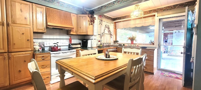 kitchen featuring backsplash, white electric range, ornamental molding, and dark hardwood / wood-style floors