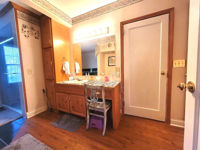 bathroom with vanity and hardwood / wood-style flooring